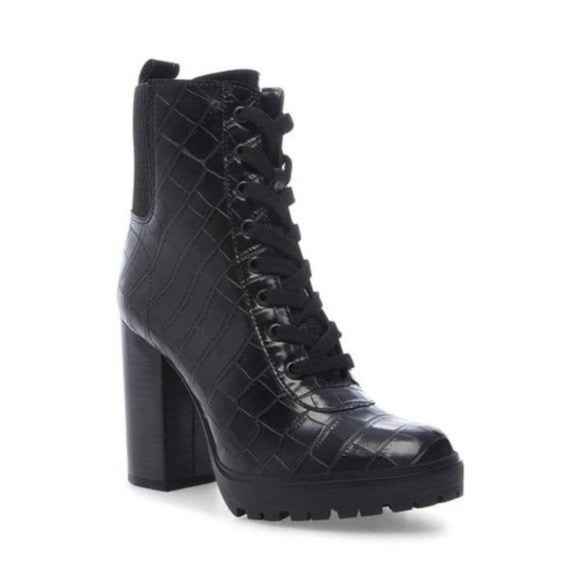 Steve Madden Latch Croc Embossed Black Combat Lace Up Boots Size 8.5 - Picture 2 of 13